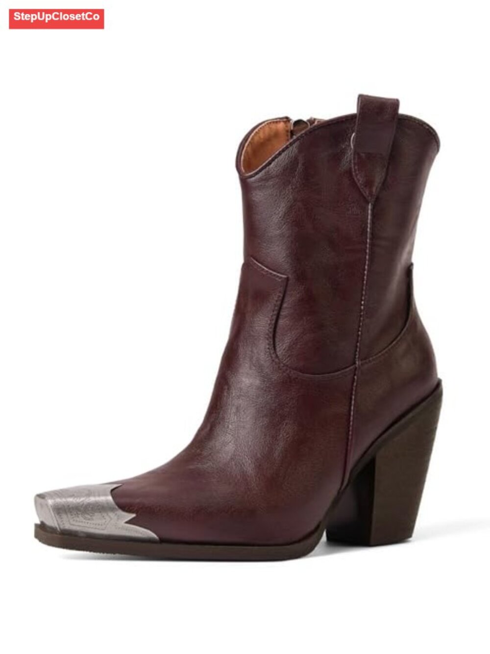 Women's Cowboy Ankle Boots Engraved Steel Toe Stacked Block Heel Short Cowgirl